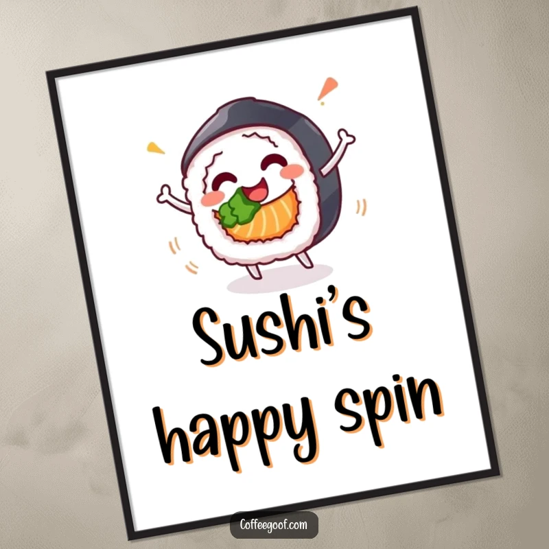 Funny poster art of a happy sushi roll character in a joyful spin, creating a vibrant and appetizing display.