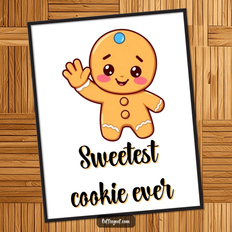 Funny gingerbread poster showcasing a cheerful cookie giving a friendly wave, perfect for bringing holiday cheer to any room.