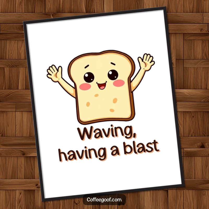 Funny toast character with arms enthusiastically waving, presented as a cheerful poster for wall art.