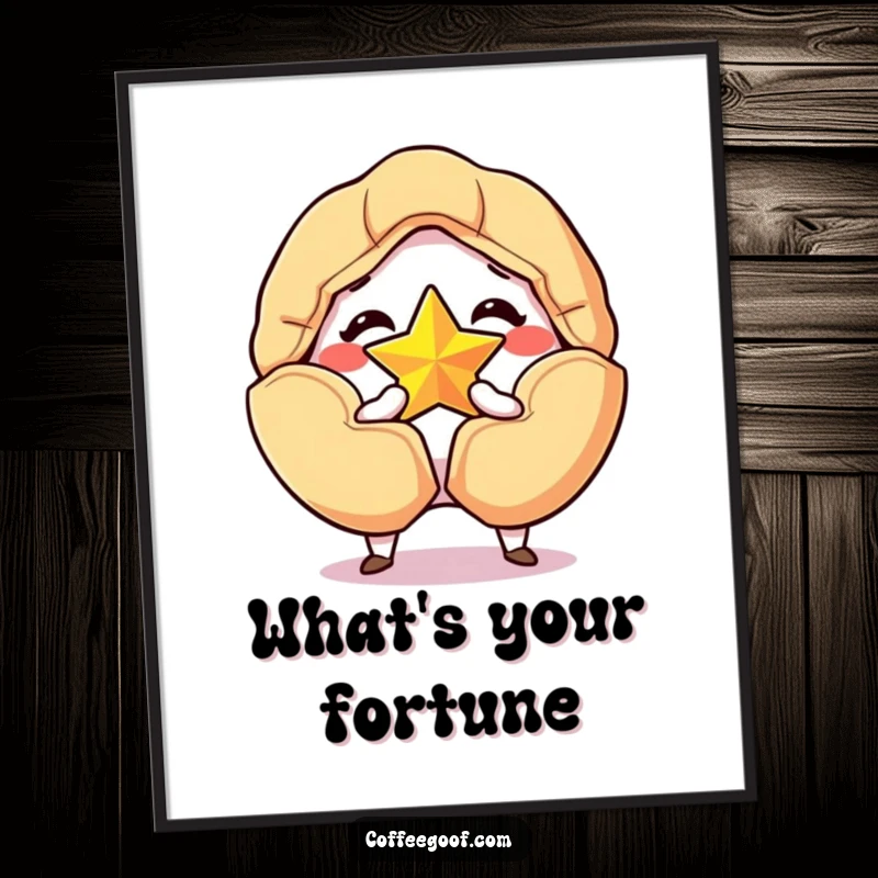 Funny poster of a grinning fortune cookie cracking open to reveal a golden star, a humorous and lucky decorative piece.