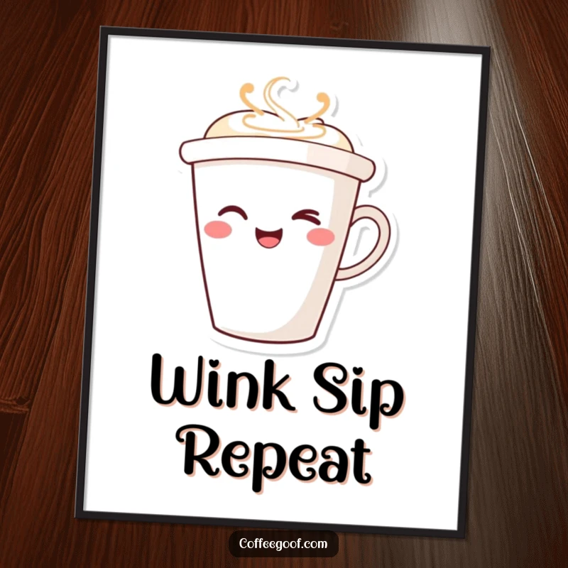 Funny Winking Coffee Cup Poster showcasing a smiling character winking playfully, adding a touch of humor and cheer to home or office decor.
