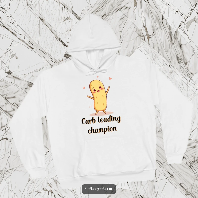 Funny Baguette Hoodie depicting a smiling anthropomorphic baguette performing a comical balancing act, perfect for cozy humor.