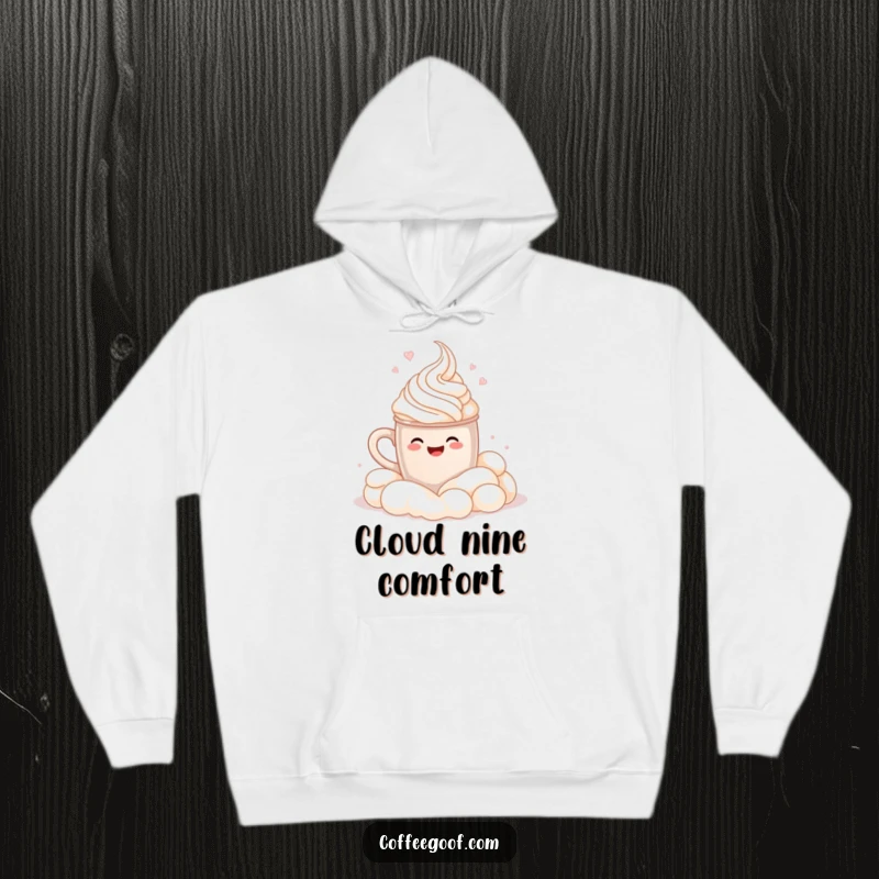 Funny Hoodie: A smiling cocoa mug cannonballs into whipped cream, printed on a cozy sweatshirt for humorous and warm wear.