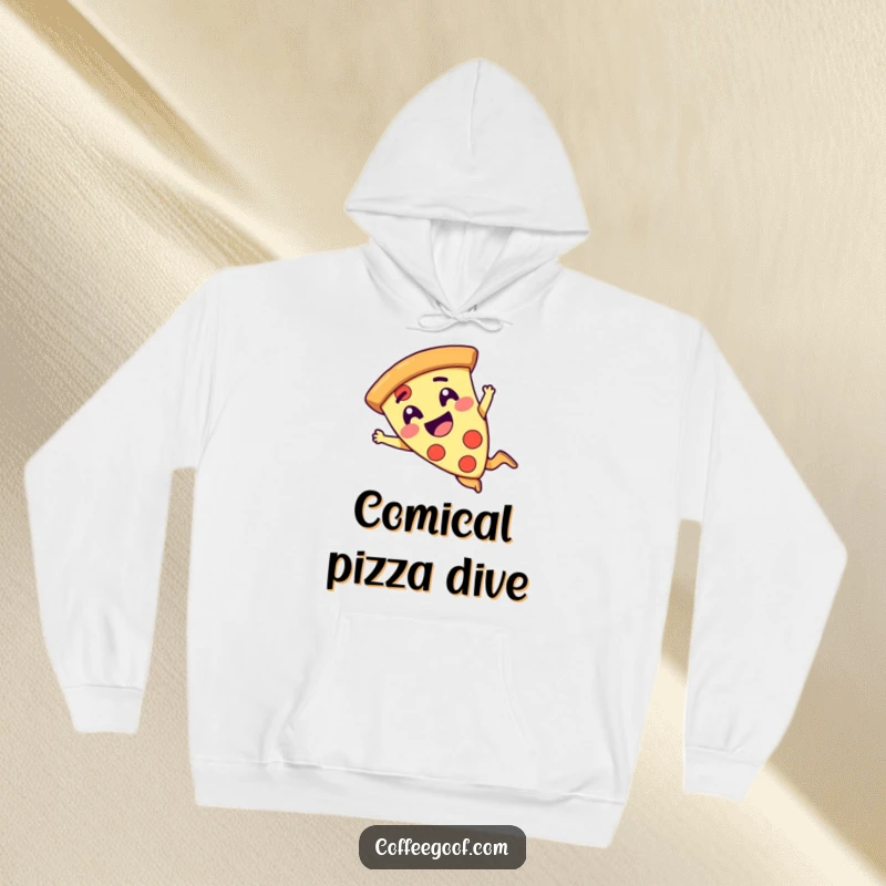 Funny pizza slice character giggling and diving, printed on a soft hoodie for cozy, humorous wear.