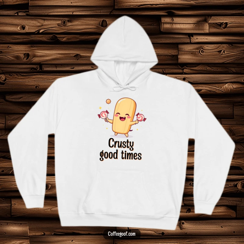 Funny hoodie illustration of a winking baguette character skillfully juggling sparkly candies, radiating charm.