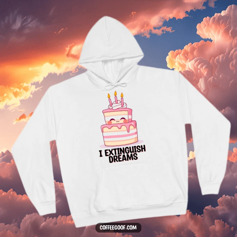 Funny Cake Hoodie with a proud cake character blowing out tiny whimsical birthday candles, offering warmth and humor.