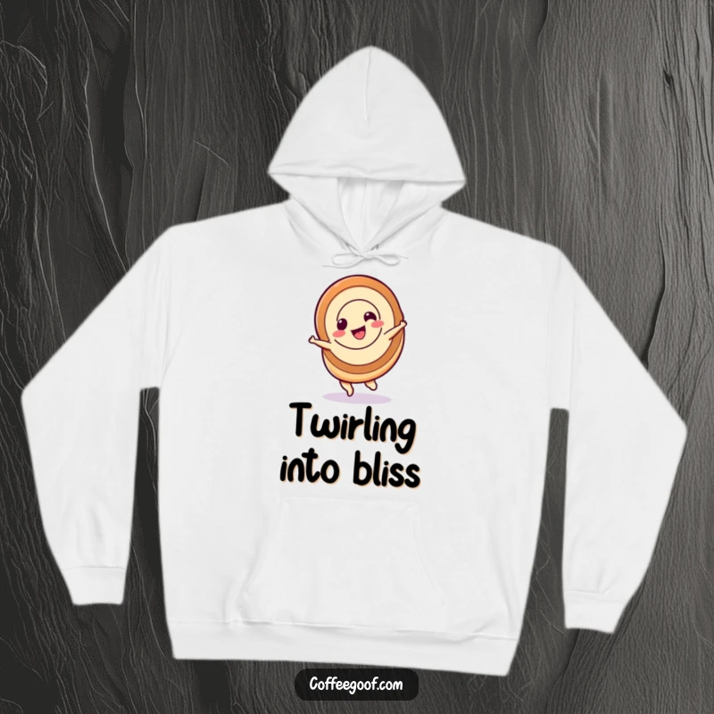 Funny cinnamon roll hoodie, a cheerful cinnamon roll character spinning, cozy and sweet pastry apparel.