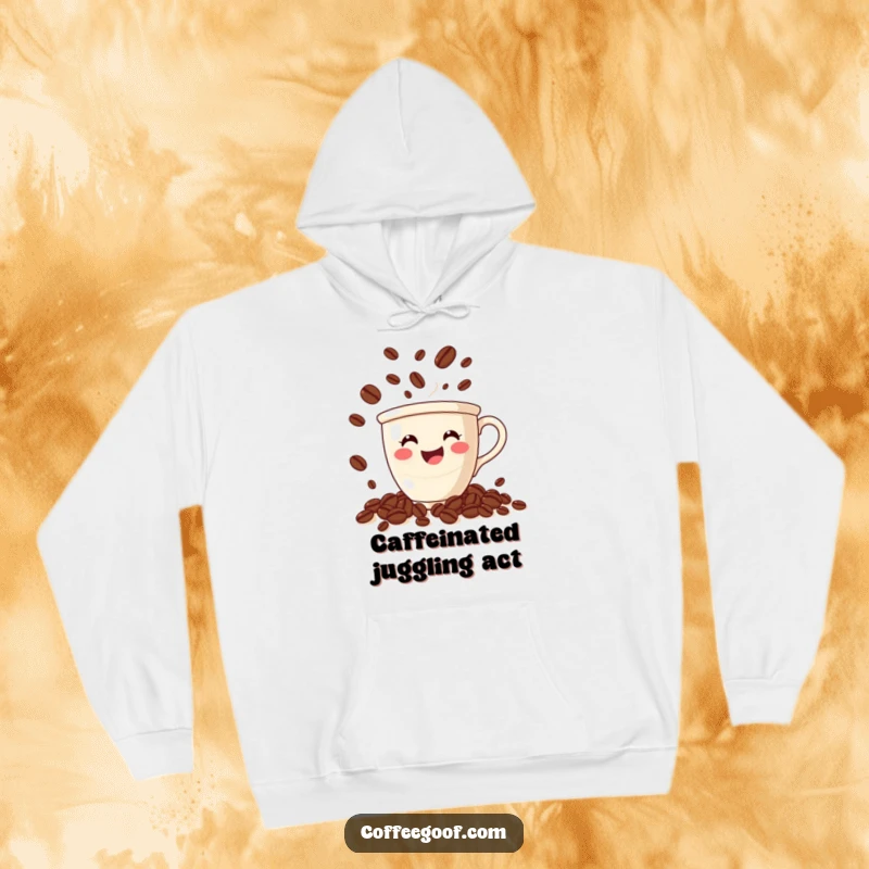 Funny coffee hoodie with a happy cup juggling coffee beans, embodying the joy of a morning brew and playful energy.