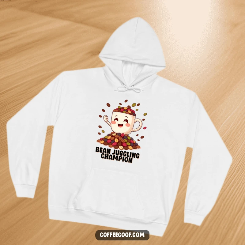 Funny Coffee Mug character gleefully juggling coffee beans, printed on a soft, warm hoodie for ultimate comfort and laughs.