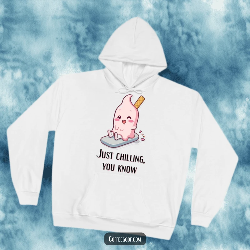 Funny melting ice cream character in a slow, joyful descent, perfect for a warm and humorous hoodie design.