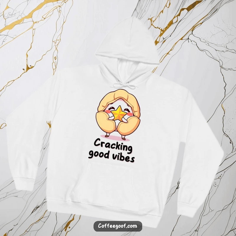 Funny hoodie featuring a grinning fortune cookie cracking open to reveal a golden star, offering cozy humor and a lucky charm.