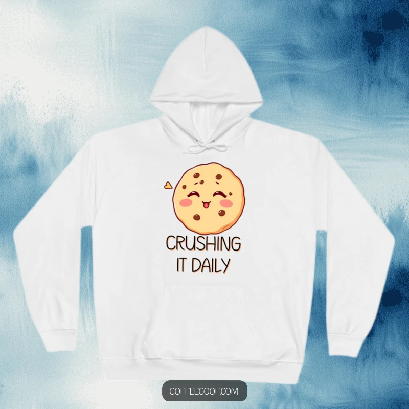 Funny hoodie design of a charming cookie making a valiant, albeit comical, effort to wink back at you.