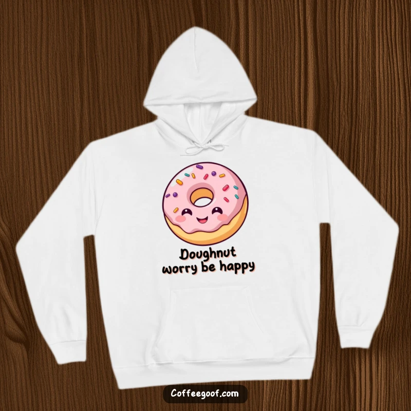 Funny donut character hoodie, smiling, with vibrant, bouncing sprinkles, offering warmth and a playful, sweet aesthetic.
