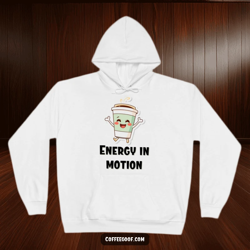 Funny coffee cup hoodie, a cheerful character in a bouncing pose, radiating happiness and warmth for any occasion.