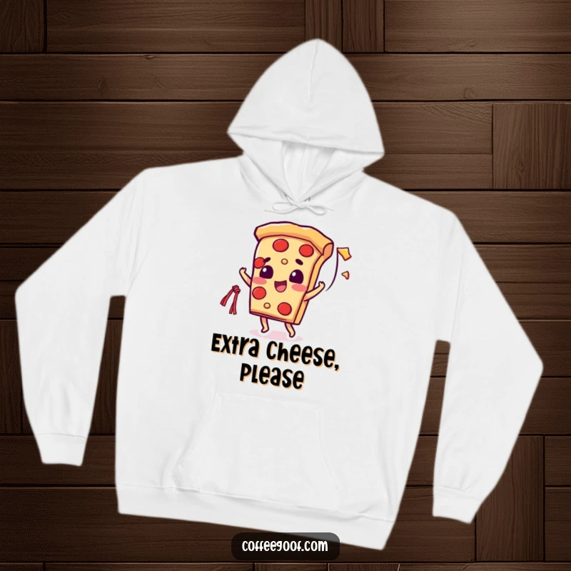 Funny hoodie designed with a beaming pizza slice character enthusiastically tossing a long, tempting string of melted cheese.