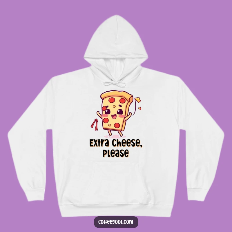 Funny Pizza Cheese String Hoodie: Beaming Slice Character - Cozy & Cheesy Gift Idea