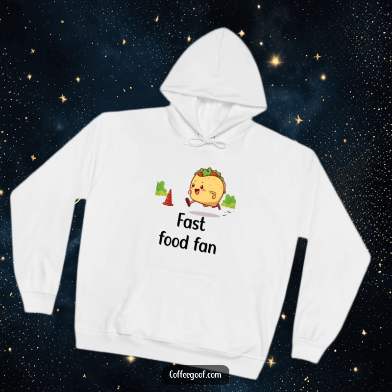 Funny hoodie featuring a taco with legs sprinting towards a finish line. Cozy and humorous apparel for active individuals and taco lovers.