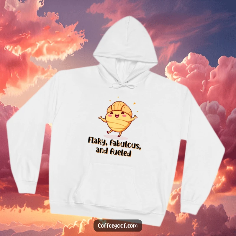 Funny hoodie depicting a jolly croissant with sprinkles dancing joyfully, offering warmth and a cheerful, pastry-themed design.