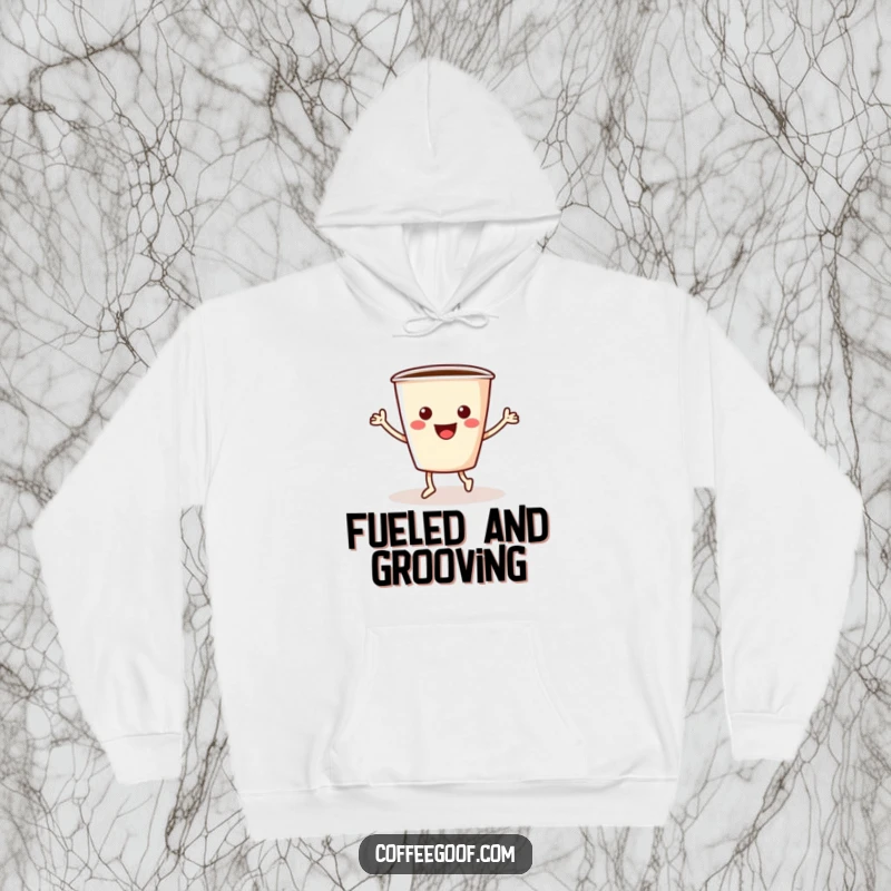 Funny coffee hoodie showing a cheerful coffee cup with its arms and legs performing a lively jig, full of morning spirit.