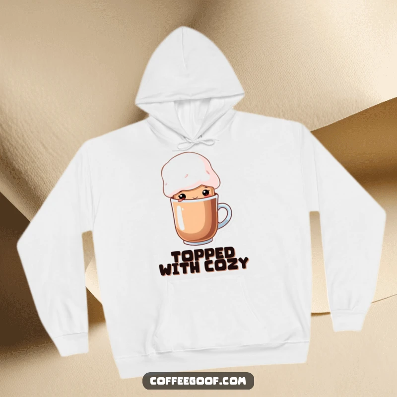 Funny cup of cocoa character wearing a whimsical marshmallow hat on a warm hoodie, a super cozy and cute sweatshirt