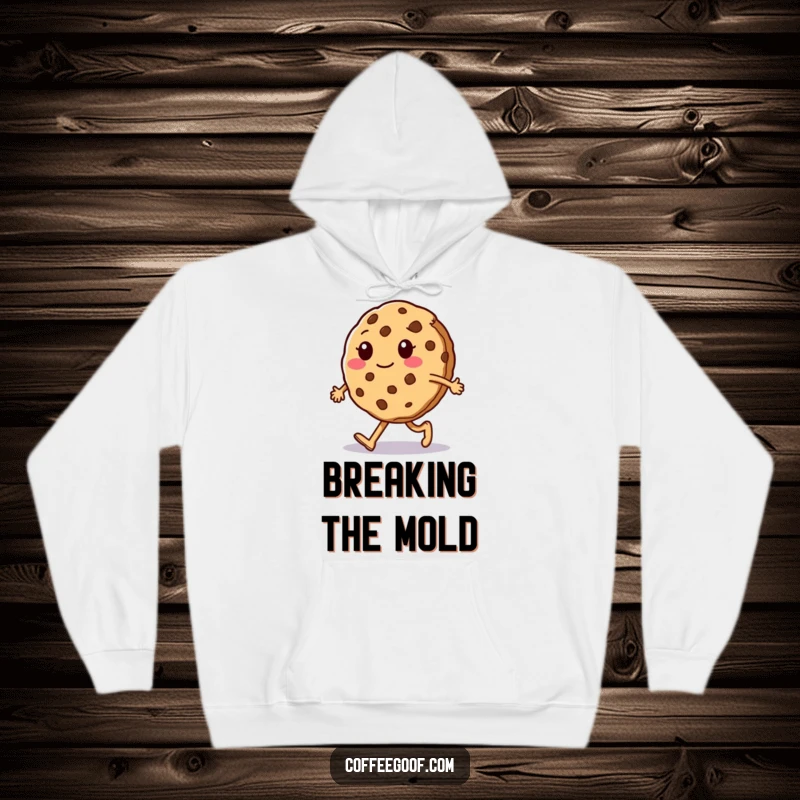 Funny Hoodie: A sentient cookie character walks comically, breaking apart slightly, printed on a cozy sweatshirt for humorous, warm wear.