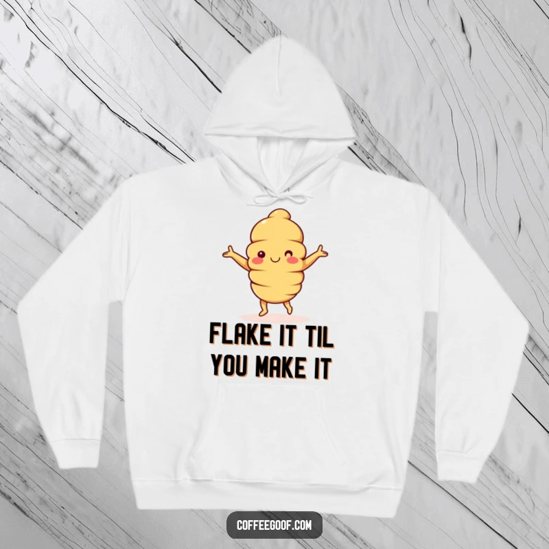 Funny Croissant Hoodie: A happy croissant character with arms outstretched, dancing with pure delight, designed for warmth and fun.