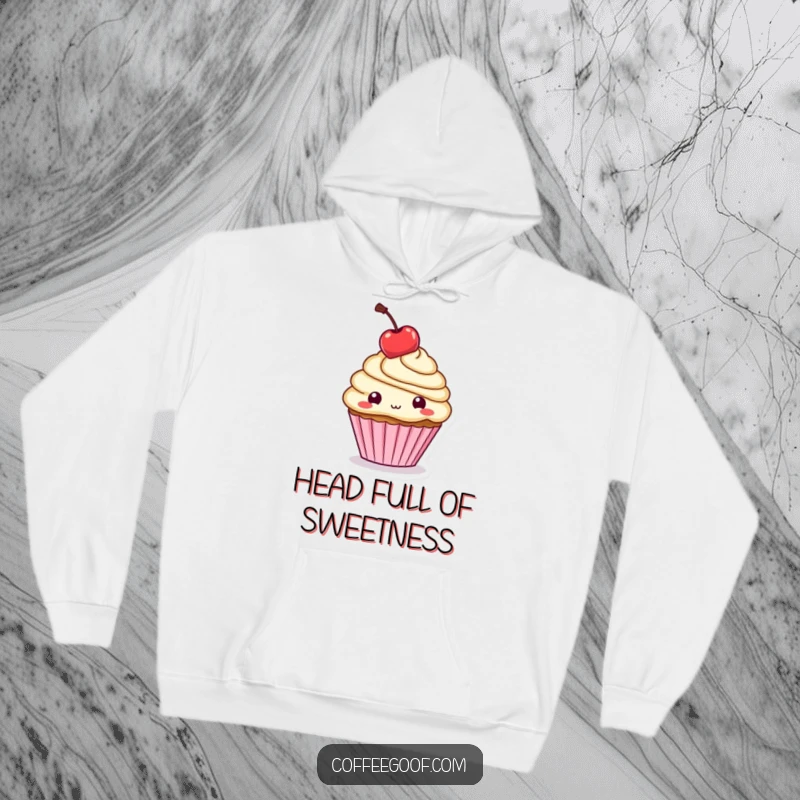 Funny Hoodie: A playful cupcake character balances a cherry on its head, embodying sweet joy and lighthearted fun.