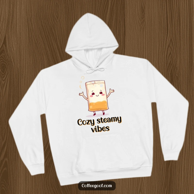 Funny Teabag Hoodie depicting a jubilant anthropomorphic teabag in a steamy, energetic dance, offering comfort and humor.