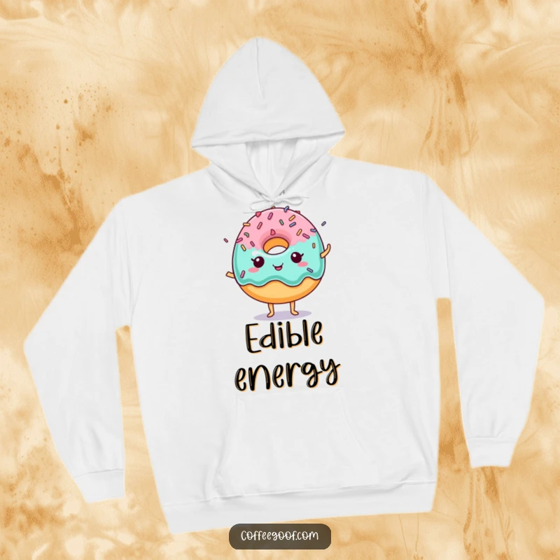 Funny Donut Hoodie with a sweet donut character and playful dancing sprinkles, comfortable and cheerful.