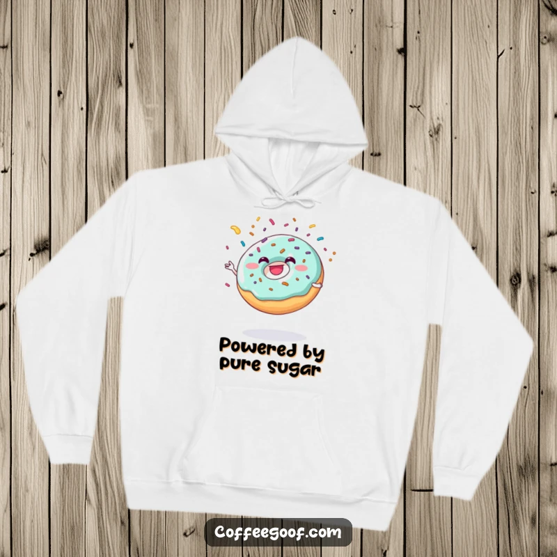 Funny grinning donut juggling sprinkles, featured on a cozy hoodie for ultimate comfort and style.