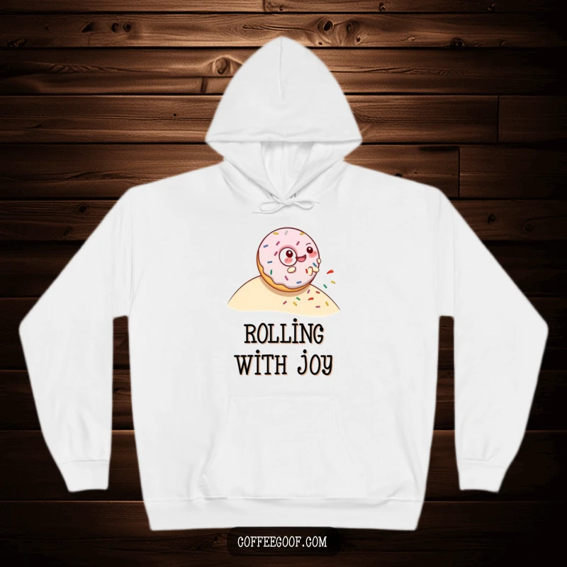 Funny hoodie featuring a happy donut character in a joyful tumble down a hill, leaving a trail of colorful sprinkles behind.