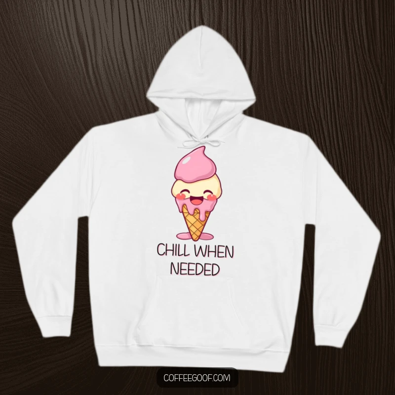 Funny giggling ice cream cone hoodie, melting with laughter, offering a cozy and humorous design for ultimate relaxation.