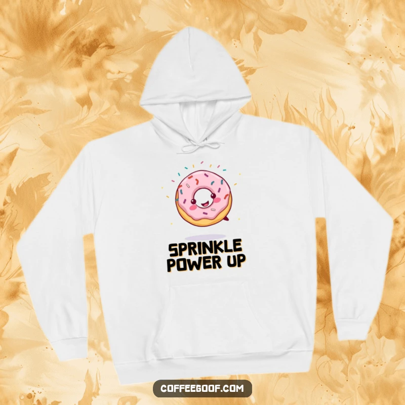 Funny hoodie featuring a smiling donut with sprinkles flying, mid-cartwheel. Cozy and humorous apparel for dessert enthusiasts.