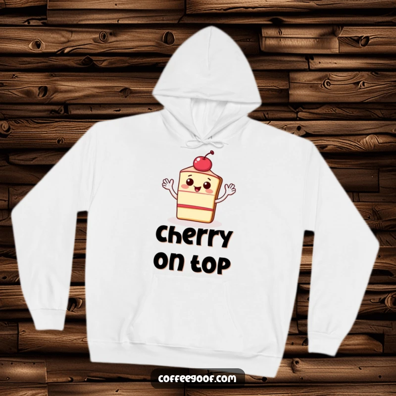 Funny hoodie featuring a happy slice of cake with a cherry on top, waving energetically. Cozy and humorous apparel for dessert enthusiasts.