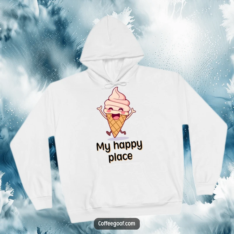 Funny ice cream hoodie with an excited cone doing a happy bounce, offering cozy comfort and a sweet dose of fun.
