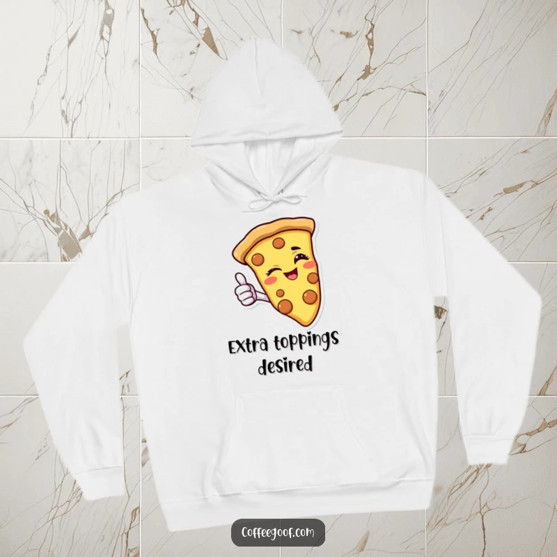 Funny pizza hoodie with a winking slice giving a thumbs-up, offering cozy comfort and cheesy humor for pizza enthusiasts.