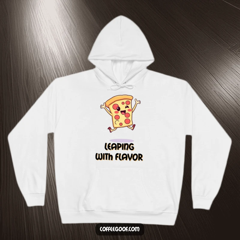 Funny Hoodie: A happy pizza slice performs an energetic leap, printed on a cozy sweatshirt for fans of food and humor.