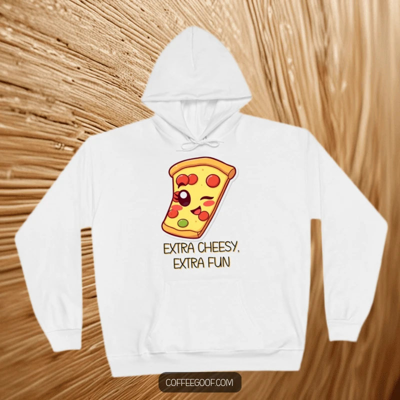 Funny pizza hoodie featuring a cheerful slice winking with a pepperoni eye, perfect for cozying up with some humor.