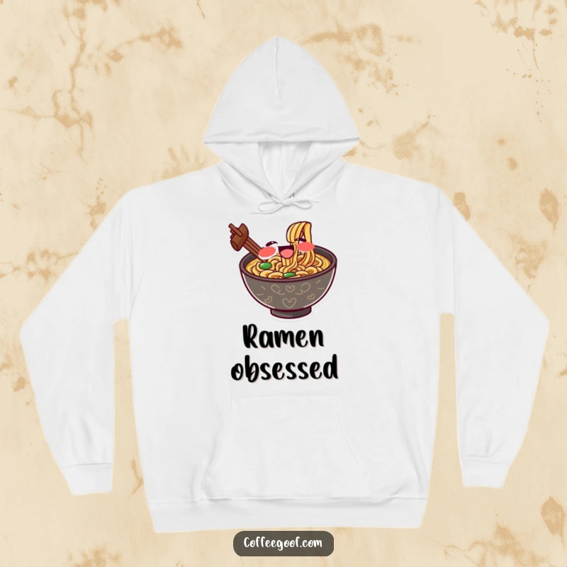 Funny hoodie featuring a gleeful ramen bowl character enthusiastically slurping noodles, offering cozy humor for chilly days.