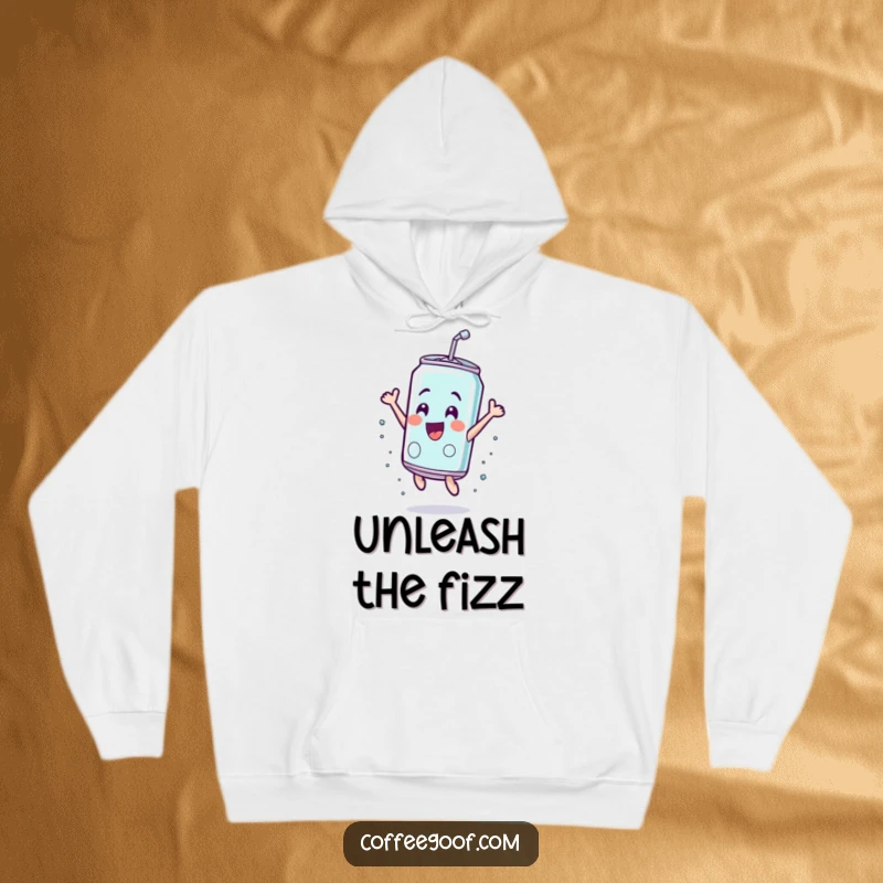 Funny soda can hoodie, leaping joyfully with exhilaration, offering a cozy and humorous graphic for chilly days.