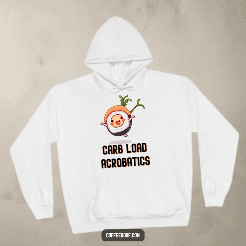 Funny Sushi Hoodie: A happy sushi roll character executing a cartwheel with a dynamic seaweed flourish, ready for fun.
