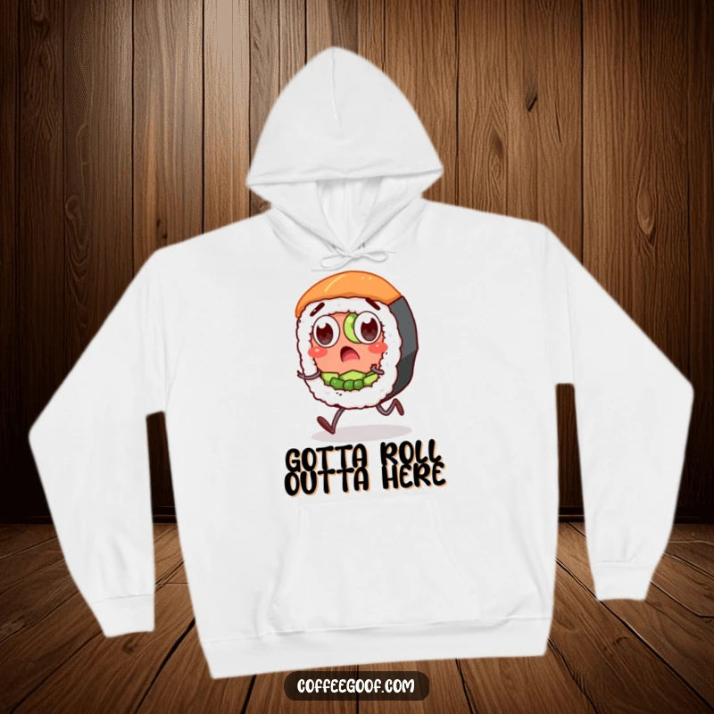 Funny Sushi Hoodie: A surprised sushi roll character with wide eyes and stubby legs, designed for warmth and humorous appeal.