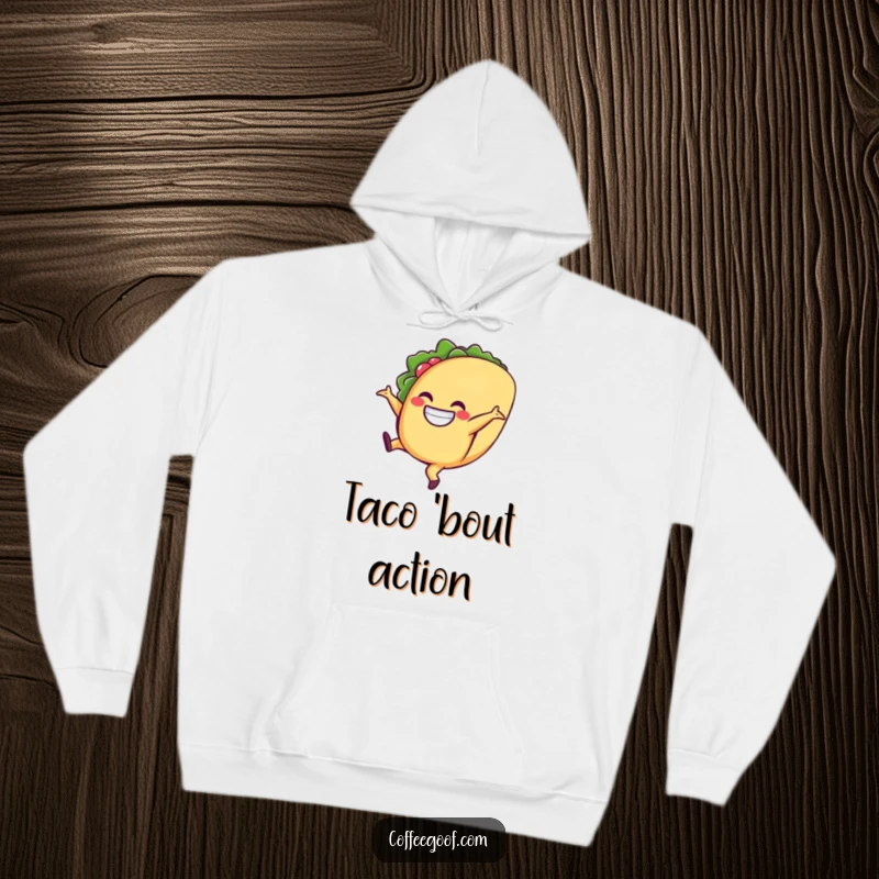 Funny taco hoodie, a grinning character doing a cartwheel, perfect for staying warm and bringing festive vibes.