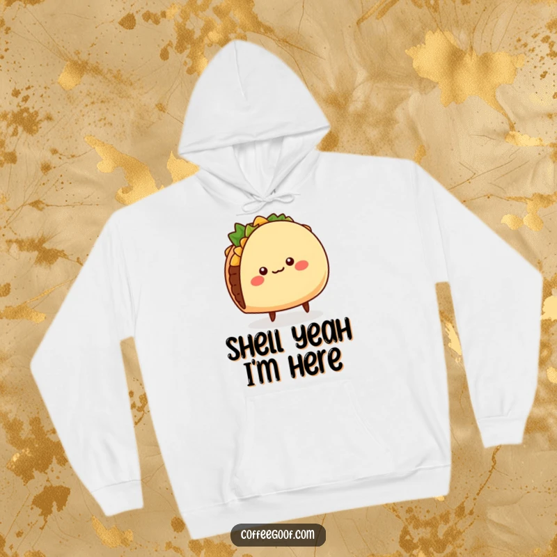 Funny Taco Hoodie: A cheerful, round taco character wiggling its shell and tiny legs, designed for maximum warmth and humorous appeal.