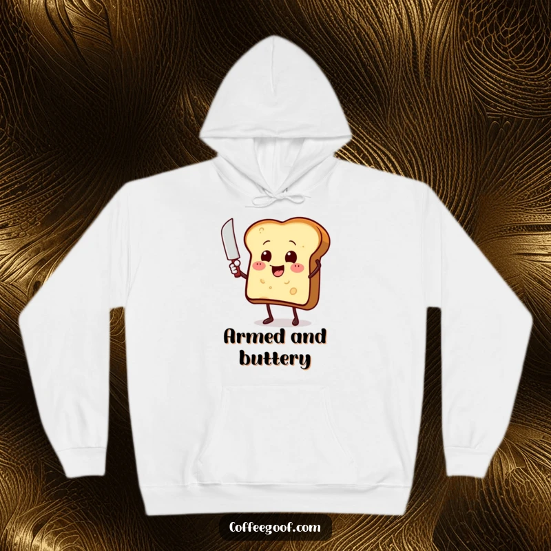 Funny toast character with a butter knife, waving enthusiastically on a warm hoodie, humorous breakfast character apparel