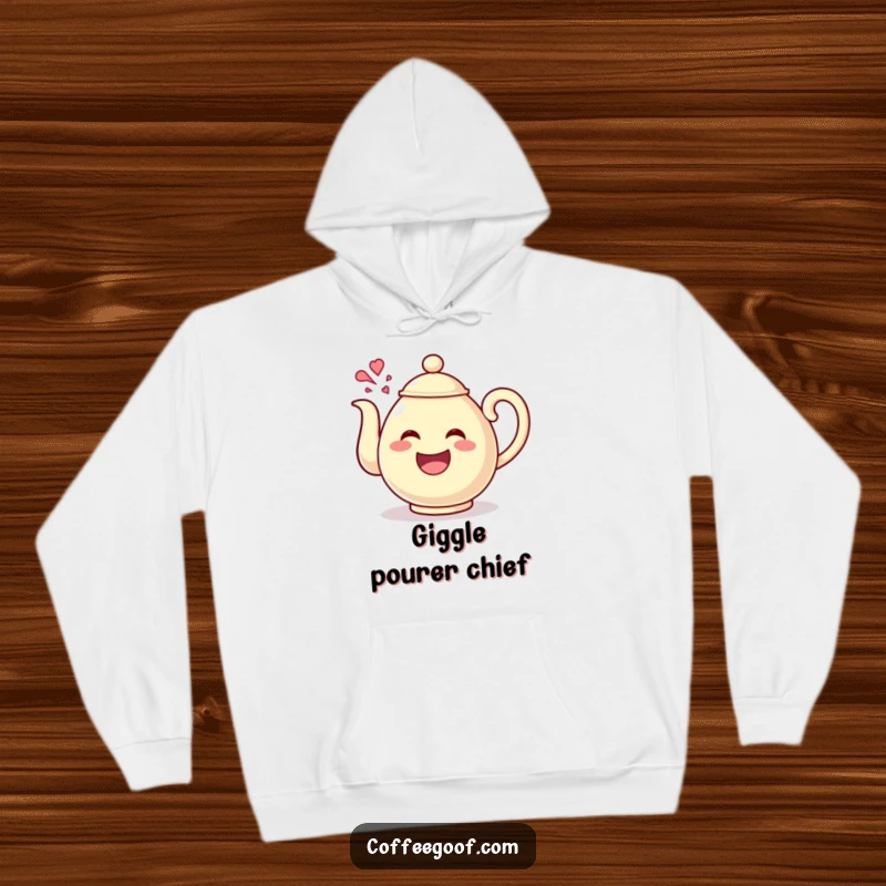 Funny Teapot Giggles Hoodie with a happy teapot character pouring out giggles, offering warmth and a dose of contagious, playful humor.
