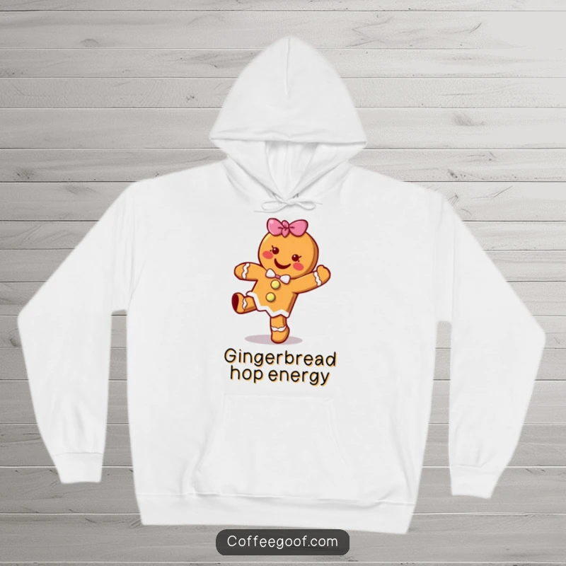 Funny cheerful gingerbread cookie character doing a happy little hop on a warm hoodie, a festive and cozy sweatshirt