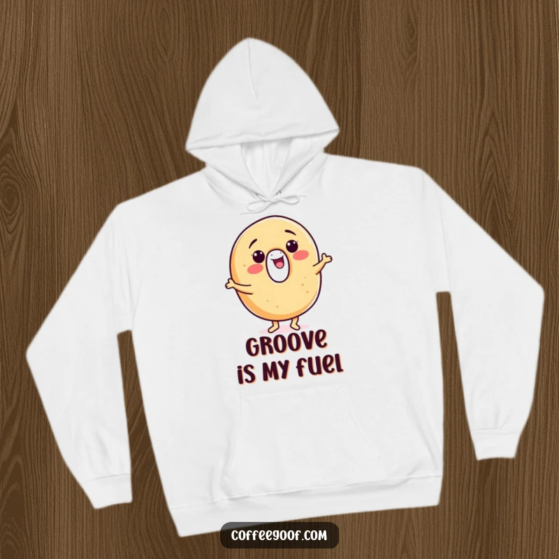 Funny bagel hoodie, a smiling character dancing a jig, perfect for staying warm and cheerful during colder days.
