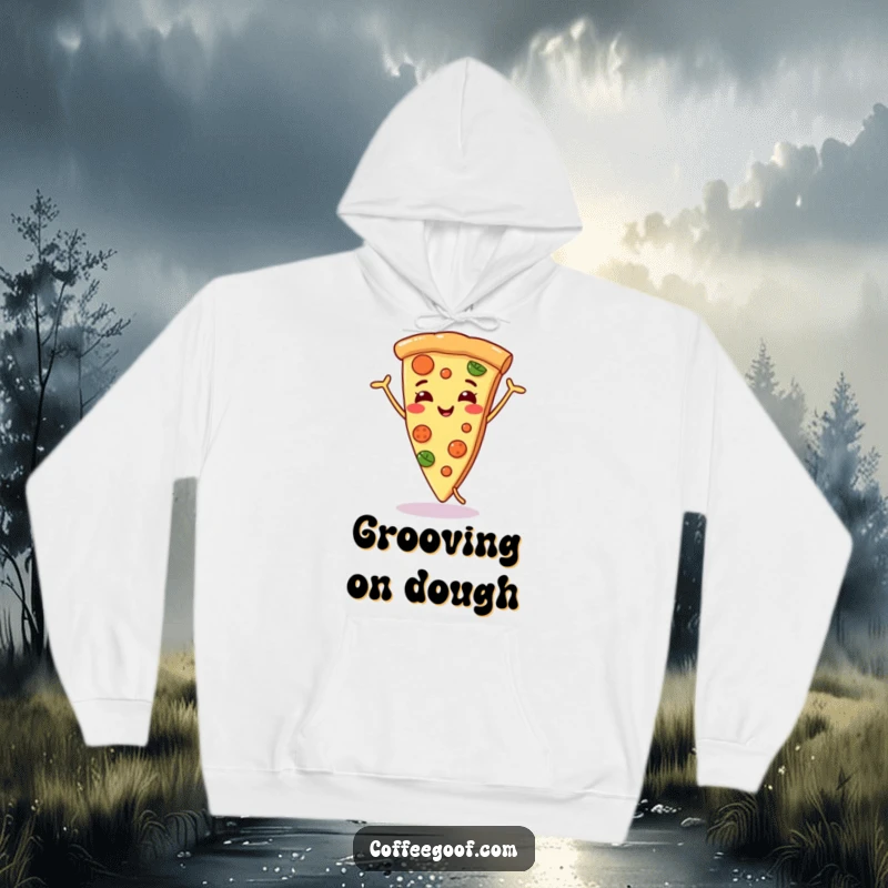 Funny smiling pizza slice hoodie, engrossed in a silly dance, offering a cozy and humorous design for ultimate comfort.