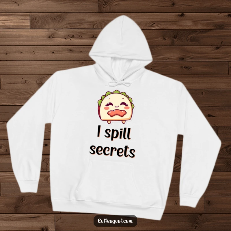 Funny Hoodie featuring a giggling taco character with its filling playfully exposed, perfect for cozying up with taco-themed humor as a funny gift.